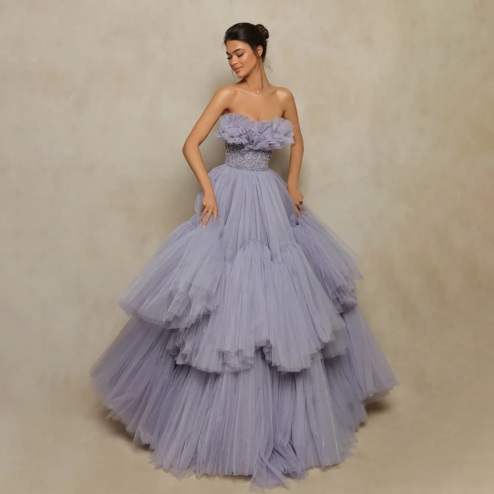 Gorgeous Strapless Pleat Dresses for Prom Elegant Beading Sequined Sweep Train Party Gowns Fluffy Formal Evening Dresses 2024