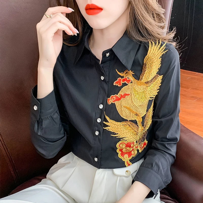 

Женская футболка на пуговицах, черная блузка с длинным рукавом и блестящими стразами, модель 472905 в Корейском стиле на осень и зиму