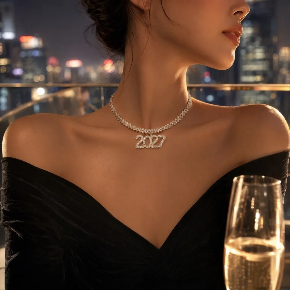 Elegant 2027 Digital Necklace Number Pendant Luxurious Happy New Year Necklace Rhinestone Shiny Collarbone Chain Choker