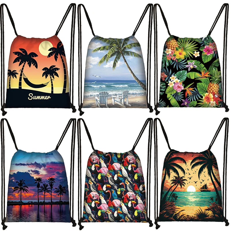 Landscape Sunset Coconut Palm Tree Drawstring Bag Tropical Flower Backpacks for Travel Outdoor Sport Storage Bag Shoes Holder