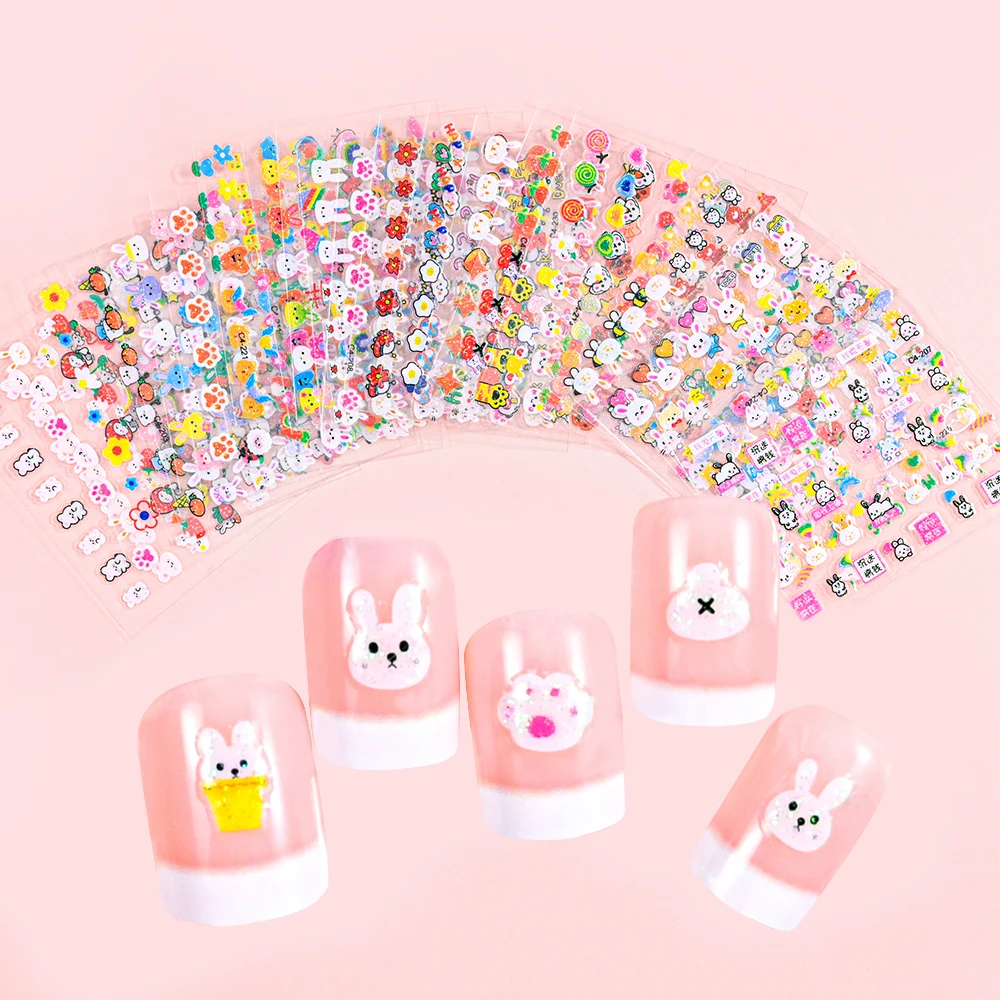 30pcs 3D Cartoon Bunny Nail Stickers Set for Kids Cute Rabbit Nail Decals with Glitter Sequins Adhesive Kawaii Bunnies Stickers
