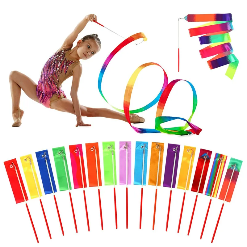 

12PCS Rhythmic Gymnastics Rainbow Ribbon Dancing Wand Twirling Sticks Talent Shows Fiesta Carnival Party Games Kids And Adults