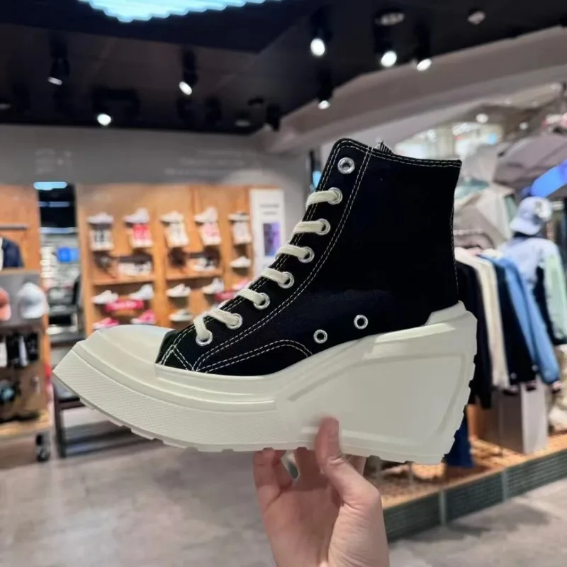 أحذية نسائية قماشية للفصول الأربعة، ربطة رأس مستديرة جديدة، أحذية عالية الكعب بكعب منحدر خفيفة الوزن وسميكة من الأسفل #4