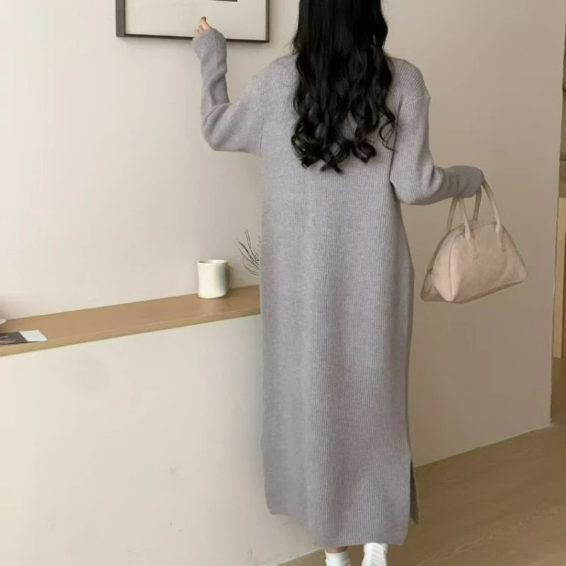 Vestido de malha semi-alto, cor sólida, outono/inverno, novo estilo, camada interna espessada, comprimento do joelho, vestido longo de suéter para mulheres