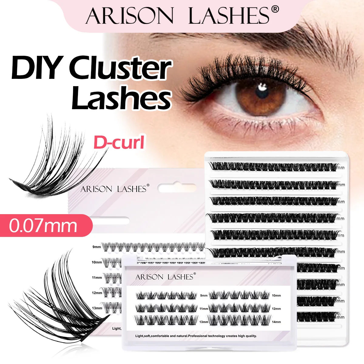 ARISON 10~100D DIY Cluster Lashes Segmented Beam Natural Individual Lashes Volume 60/100/200 Cluster Fan Eyelash Extension