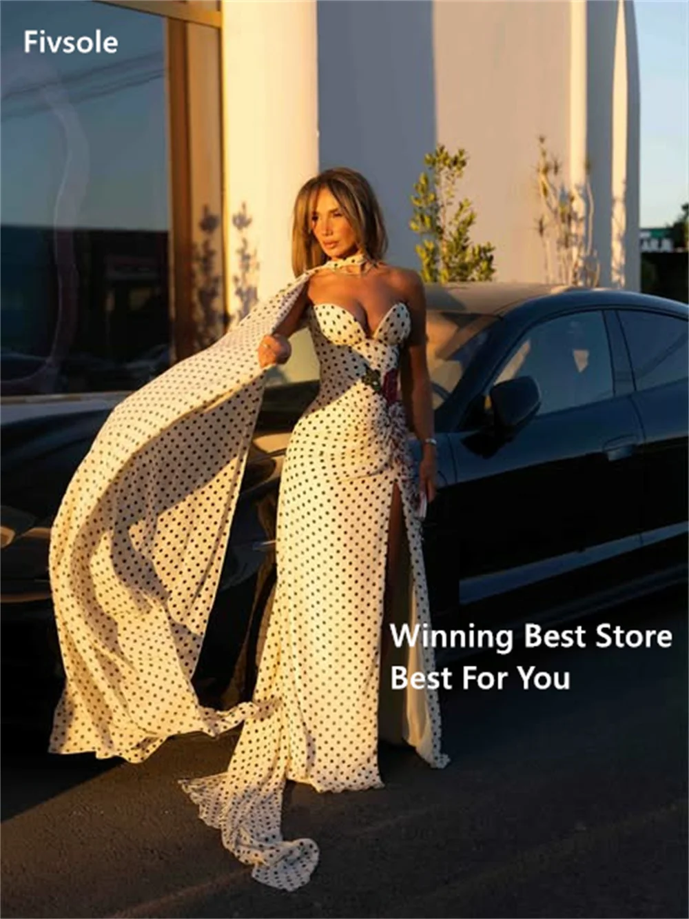 Fivsole Ivory Black Polka Dot  Prom Dresses Sweetheart Cape Sleeve Evening Gown 3D Floral Chiffon Party Dress 2026 Customized