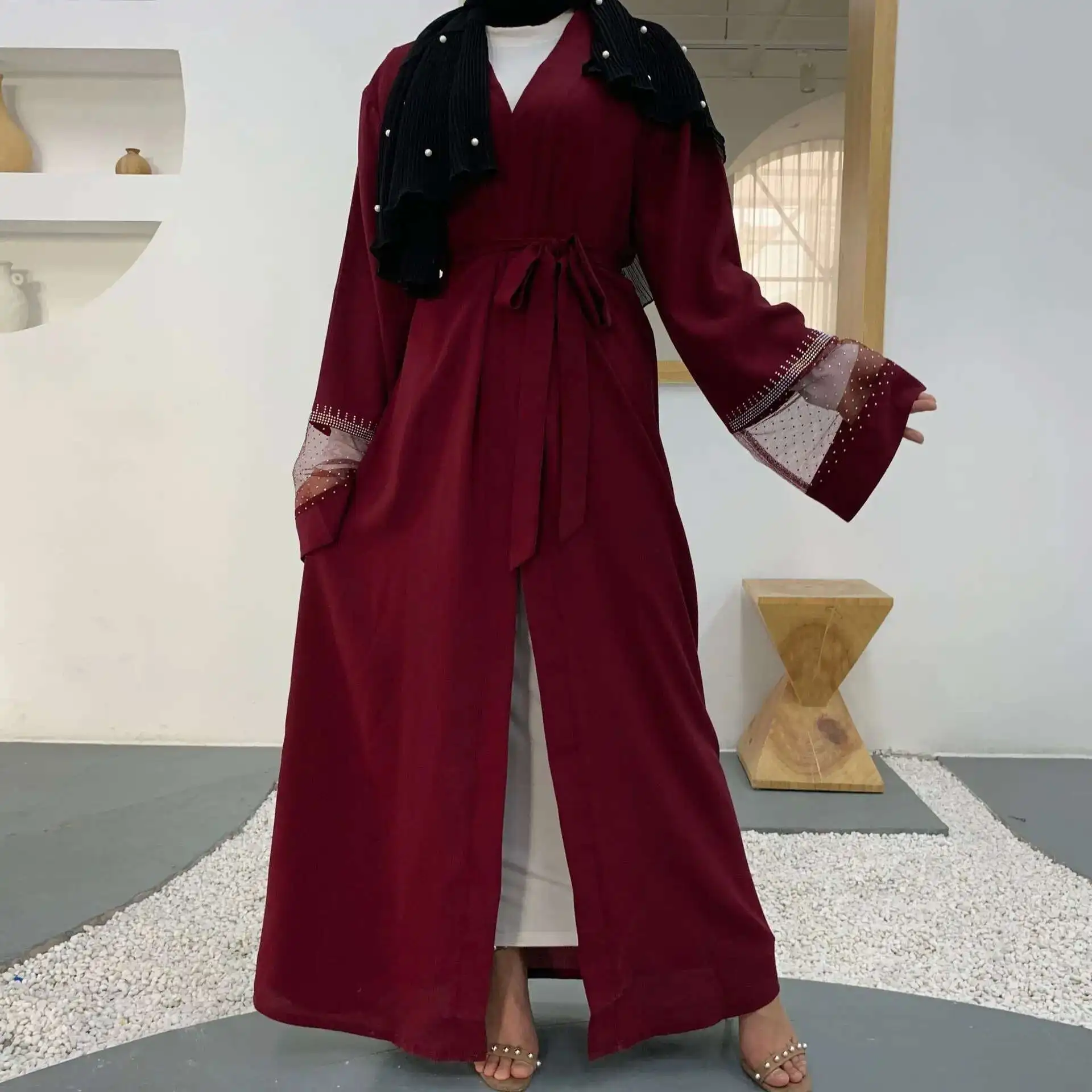 

Fashion Women's Mesh Splicing Hot Drill Muslim Cardigan Robe 1824 Long Dress Robe Abaya Ramadan Dubai Luxury Islam Elegant