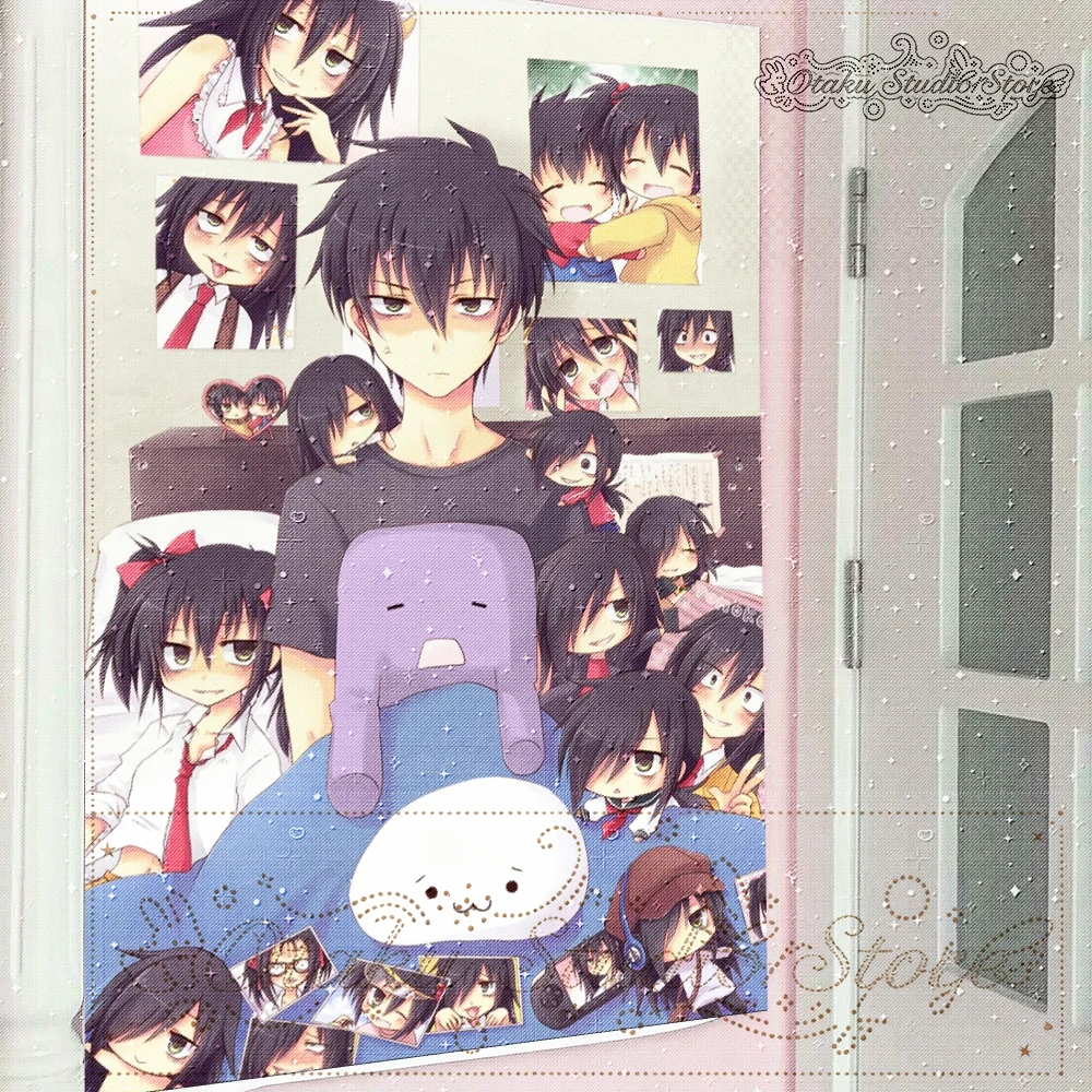 Retro anime tapestry おもいで，boy surrounded by chibi girls wall hanging, bedroom photo scene, cute plush pillow print, nostalgic ma