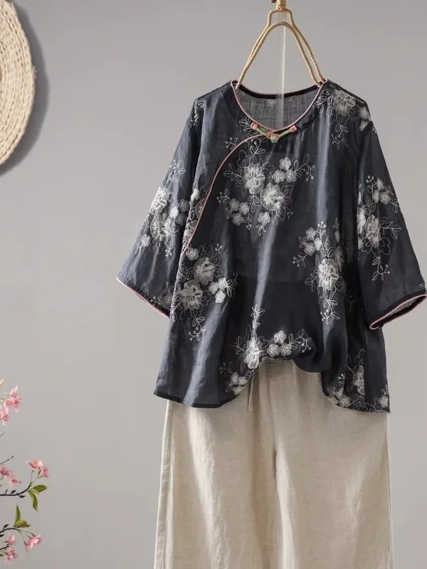 

Облегающая футболка с китайской вышивкой в стиле ретро, круглая Ne ort Sve, женская одежда больших размеров, традиционный художественный топ