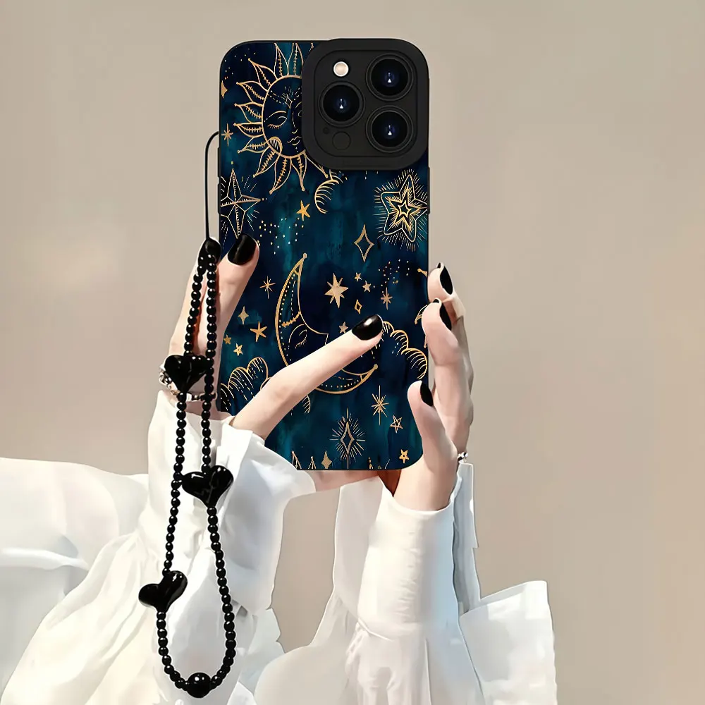Luxury Sun Moon Star Phone Case For iPhone 17 16 15 14 13 12 11 Pro Max 8 15 16 14 Plus XS 16E TPU Anti-smudge With Strap Cover