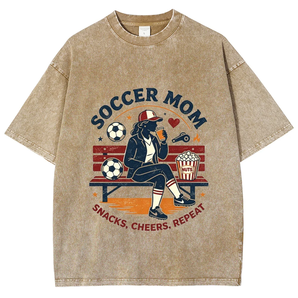 Soccer Mom T Shirt Vintage Washed Beige Graphic Tees Oversized Cotton Short Sleeve Tops Mother Day Gift Sports Fan Women