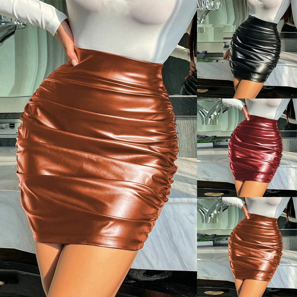 Faux Leather Pencil Skirt for Women High Waist Wet Look Clubwear Stretchable Office Skirt S 2XL Multiple Colors