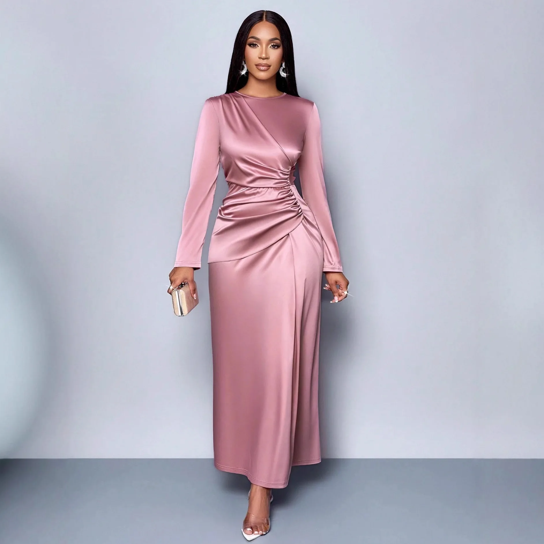 

﻿ New Fashionable Slimming Bag Hip Fold Dresses Women In Spring, Sexy And Elegant Solid Color Round Neck Satin Dress For Women