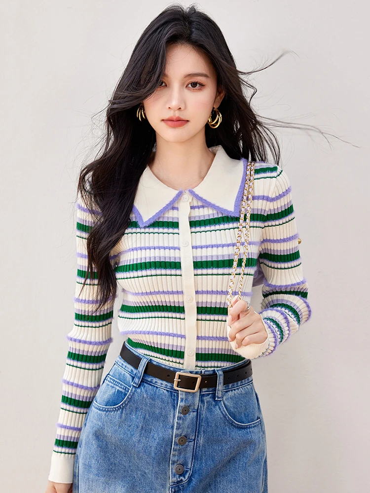 Women\'s Knitted Sweater Autumn New Striped Lapel Single-breasted Knitted Cardigan Temperament Long Sleeve Jumper