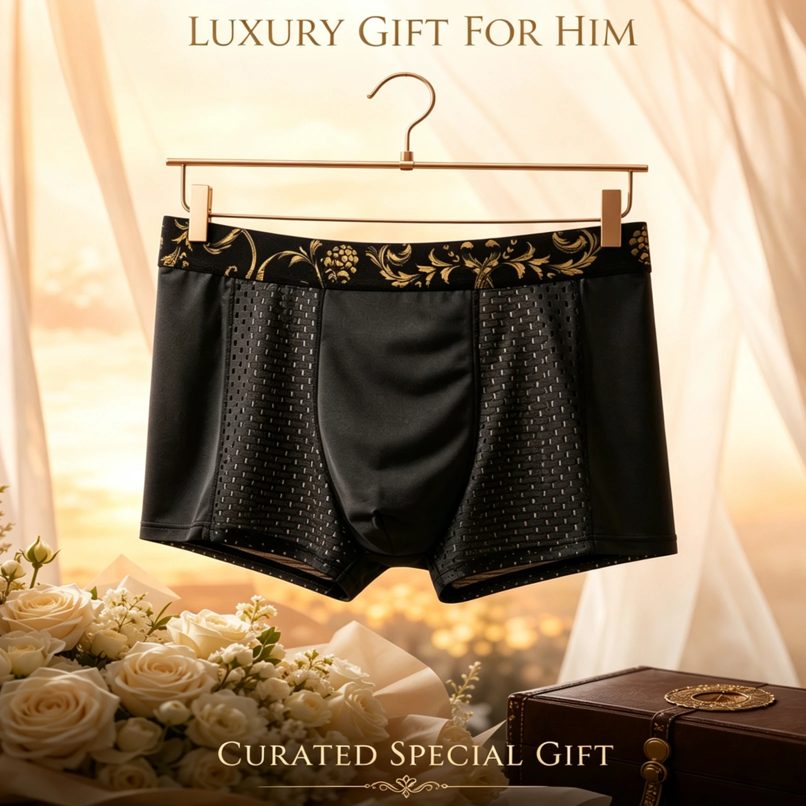 Luxury Style Men Ice Silk Boxer Briefs Gold Printed Waistband Mesh Breathable Anti Chafe Underwear Gift for Daily Gym 1 3Pcs Set