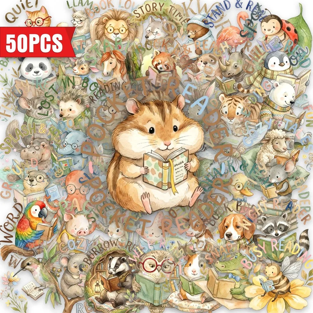 50Pcs New Watercolor Animal Reading PET Clear Stickers, Transparent Decals for Journal DIY Scrapbooking & Aesthetic Decoration