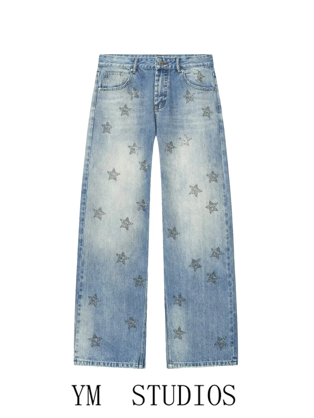 Fashionable Low-Waist Wide-Leg Denim Jeans Women's Clothing Glittering Drill Decorations Loose Fit Summer Season Polyester Fiber