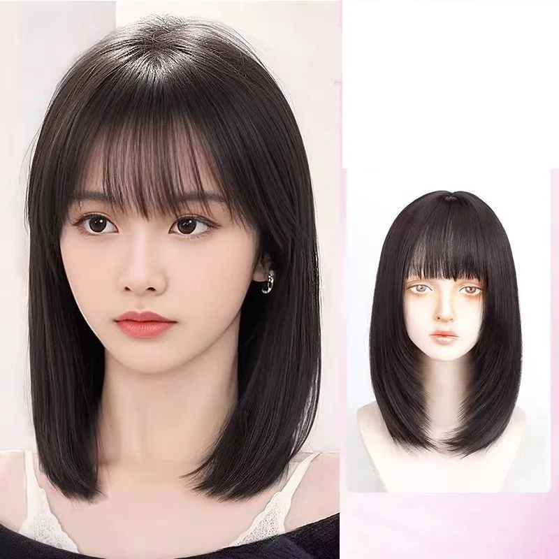 Peluca sintética para mujer, conjunto de cabeza completa, estilo natural, imitación de cabello humano, cabello de clavícula, conjunto de peluca de cabeza completa