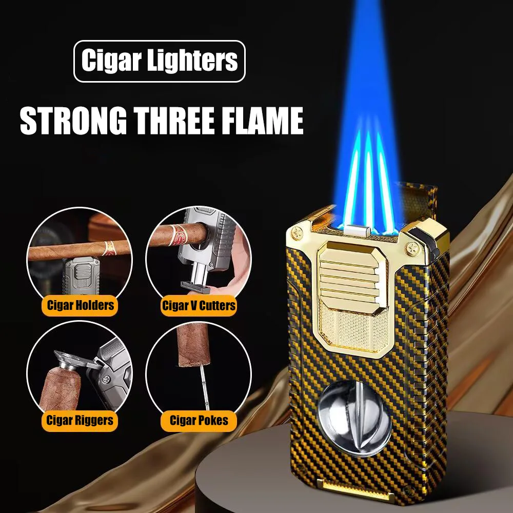 New powerful triple flame lighter, multifunctional V-shaped cigar cutter, bottom cigar drill, needle threader, visual air window