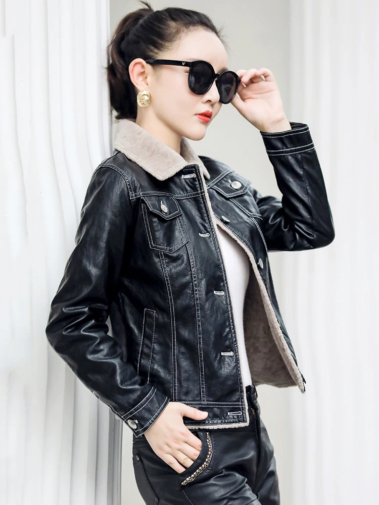 Pop Women Genuine Leather Jacket Autumn Winter Casual Fashion Double-Faced Lambswool Liner Slim Short Thick Warm Sheepskin Coat