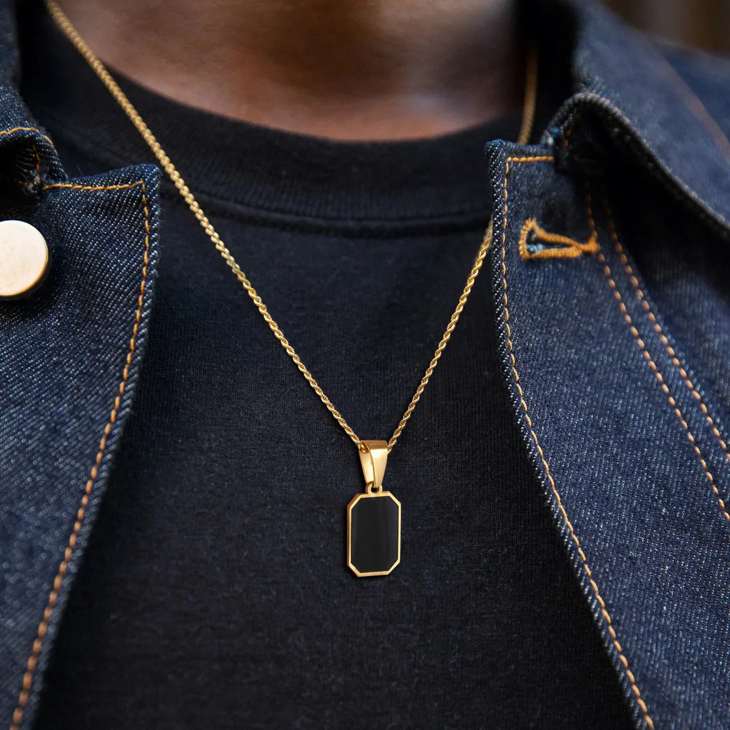 Stylish Mens Geometric Square Necklaces,Black Enamel Rectangle Pendant with Rope Box Chain Collar,Trendy Jewelry Gifts