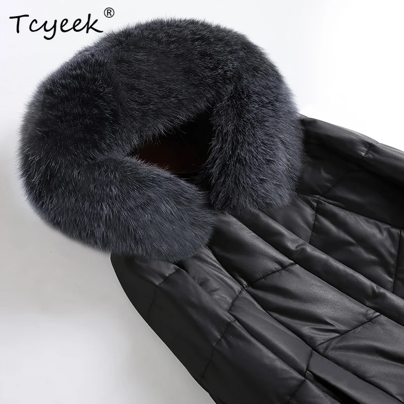 Tcyeek Schapenvacht Herfst Winter Capuchon Vos Bontkraag Zwart Middellang Dames Witte Eendendons Jas Casacas Para Mujer Invierno