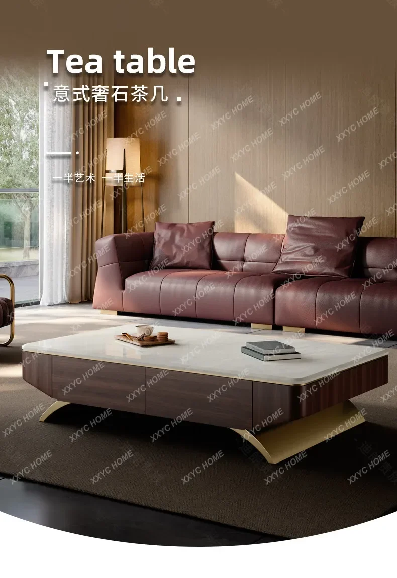 QMarble Coffee Table for Living Room, Home Use, Solid Wood, Small Apartment, New Model, High-End, Light Luxury, Premium Feel
