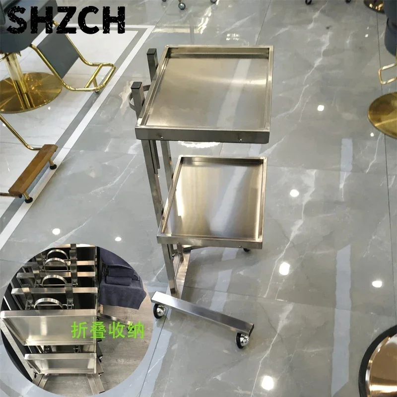 Japanese Folding Beauty Cart Stainless Steel Two-Layer Hairdressing Cart Portable and Stylish Tool Stand for Salon