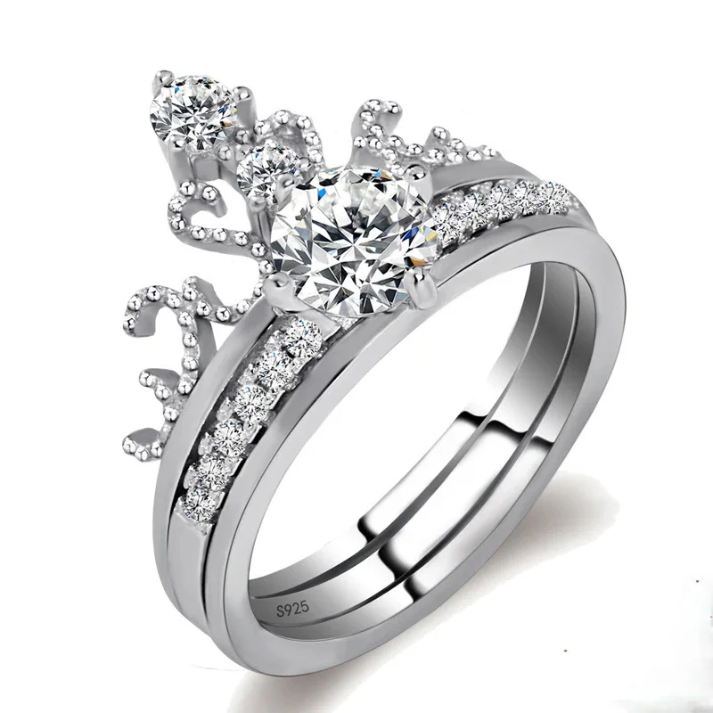 Genuine 2pcs Classic Sterling Silver Jewelry Rings Wedding Claddag Crown Peridot Ring CZ Sterling Bague Femme Anillos Mujer