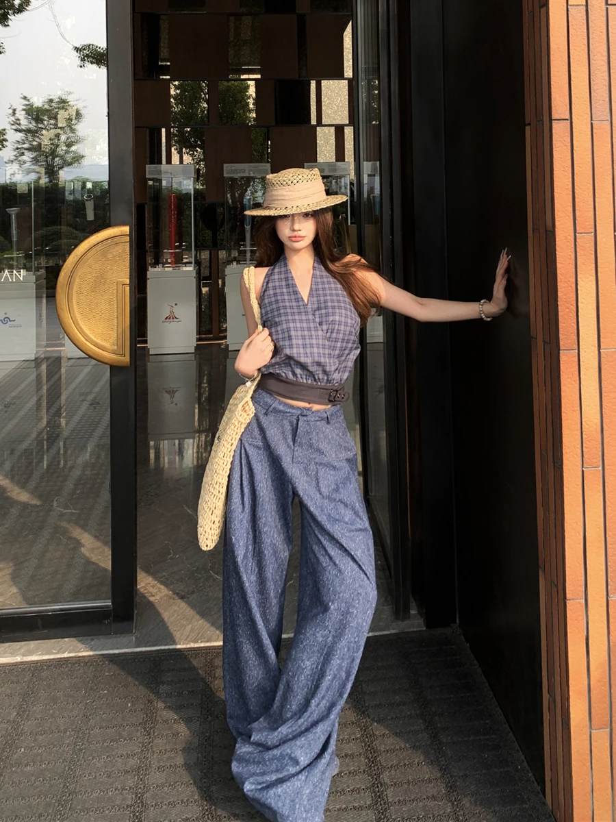 

Kumikumi Women's High Waist Wide Leg Pants Two-Piece Set V-Neck Sleeveless Vest Neck Hanging Checkered Summer Casual Blue