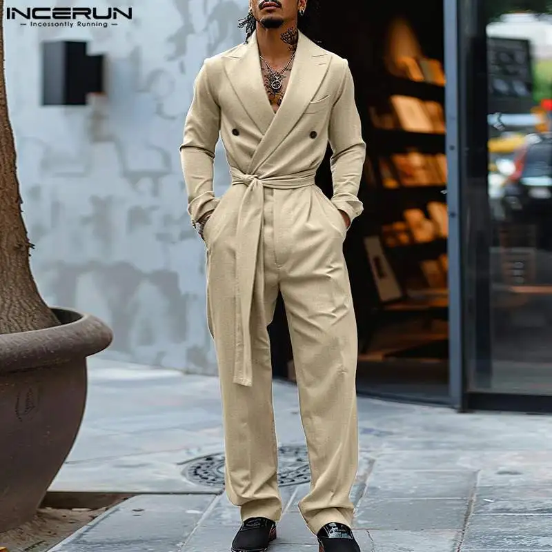 INCERUN 2024 American Style Fashion Jumpsuit Casual Men\'s Suit Neck Double Breasted Jumpsuits Long Sleeved Casual Rompers S-5XL