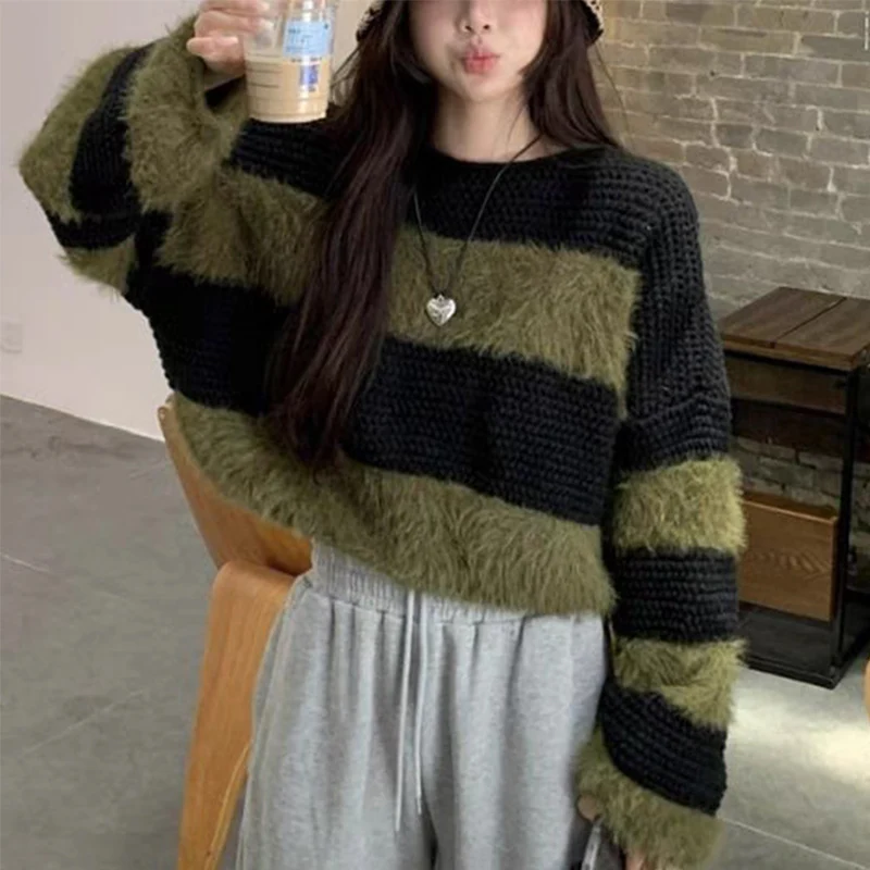 

Comfort Faux Mink Knitted Sweater Women Chic Striped Long Sleeve Jumpers Woman Autumn Winter Loose Crew Neck Sweater Female