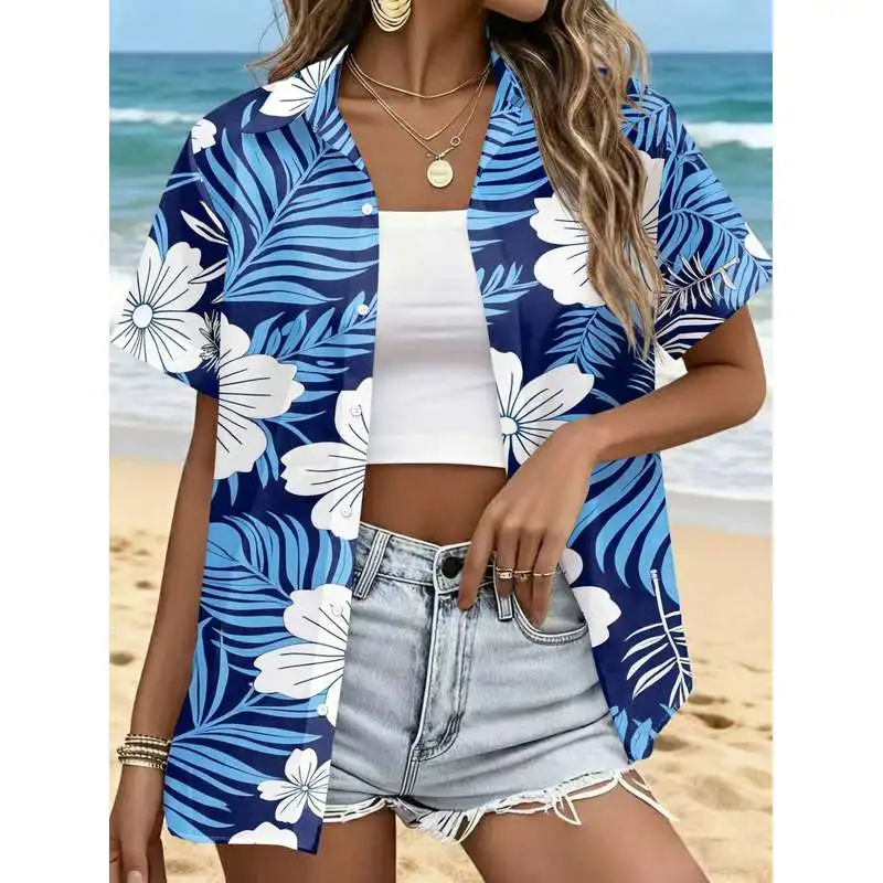 Women's Casual Short Sleeve Button Up Shirt Navy Blue Base Blue Leaves White Flowers All Over Print Fashionable Top Machine Wash