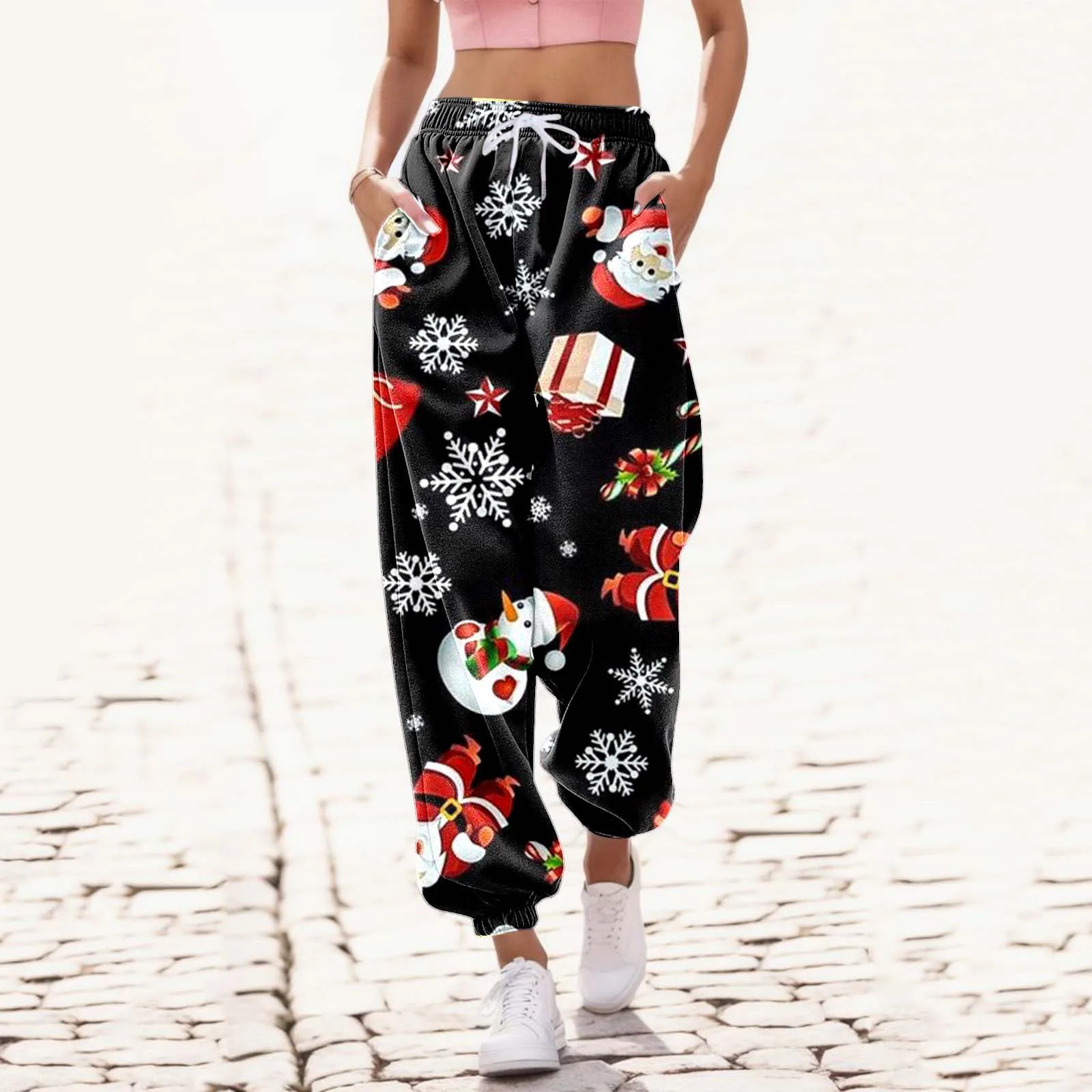 

Womens Sweatpants Christmas Print Bottoms Pockets High Waist Sporty Gym Athletic Jogger Xmas Pants Trousers Oversized Joggers