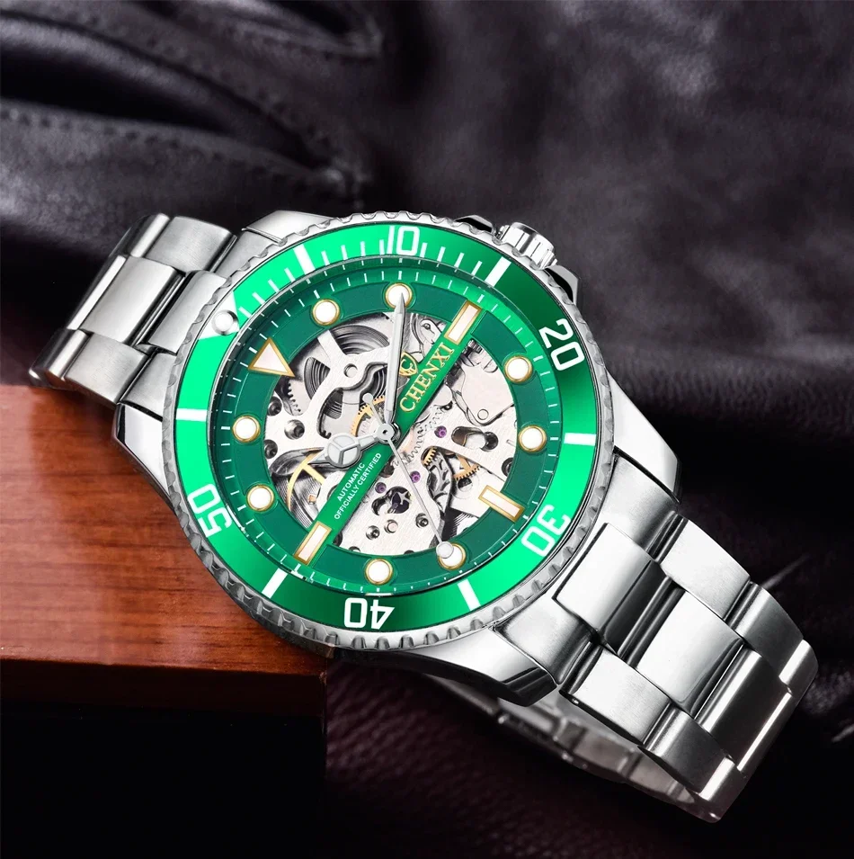 CHENXI-Relógio de aro giratório masculino, relógios mecânicos automáticos, pulseira de aço inoxidável, esqueleto verde, moda