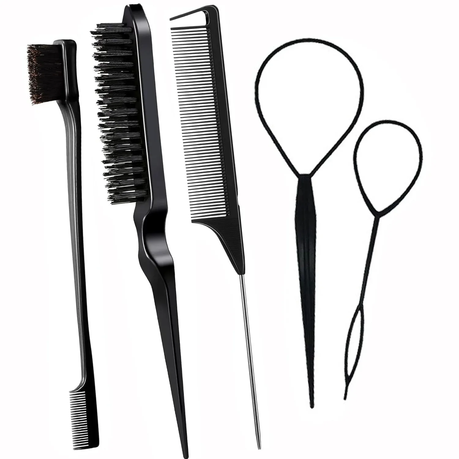 5-piece styling tool set, including nylon hair brush, steel needle pointed tail comb, edge control brush, and ponytail tool