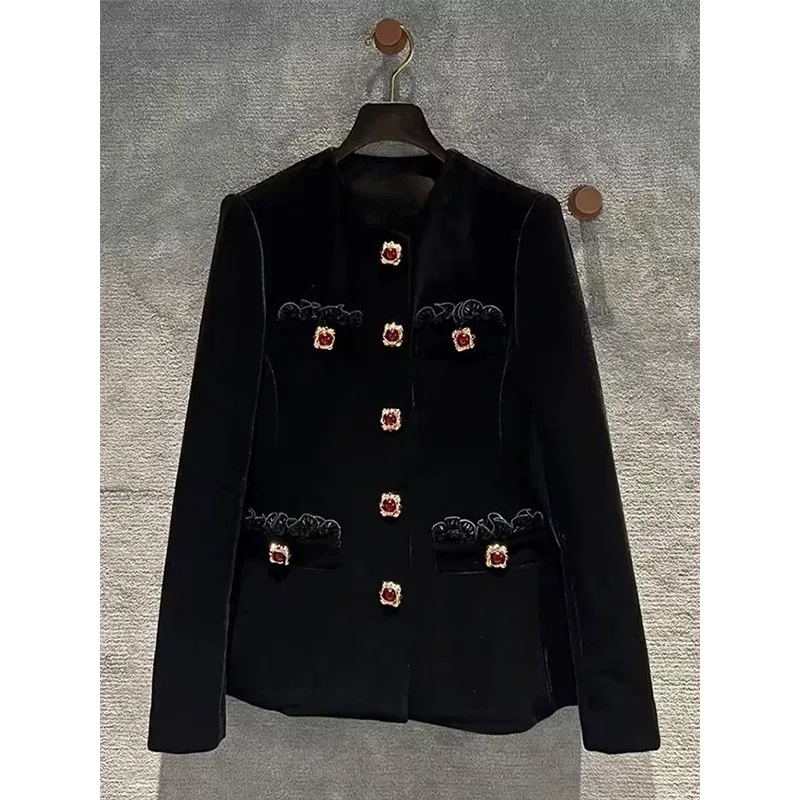 

Black Velvet Slimming Mid Length Jacket 2024 Autumn Winter Elegant Women Long Sleeve Button High Street Coat French Fashion G797