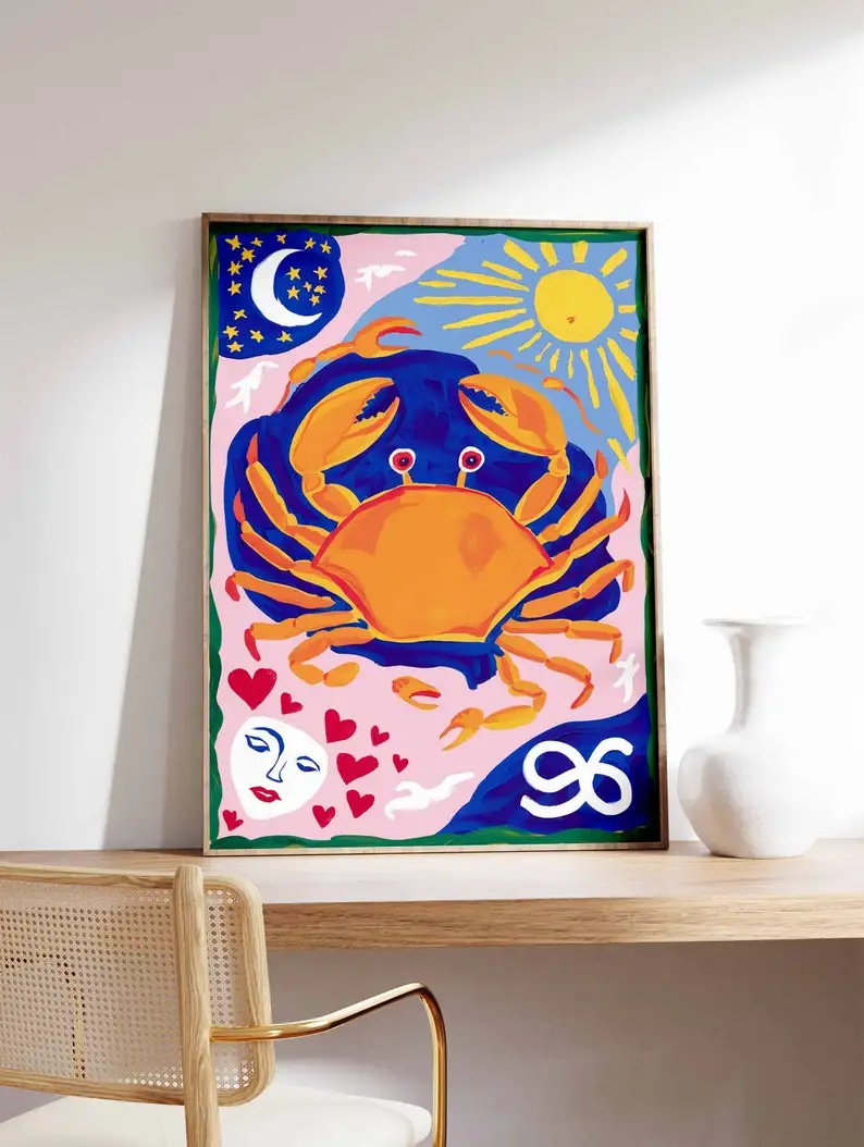 Modern Abstract Cancer Canvas Wall Art, Frameless Boho Star Sign Canvas Poster for Living Room & Bedroom Decor and Birthday Gift