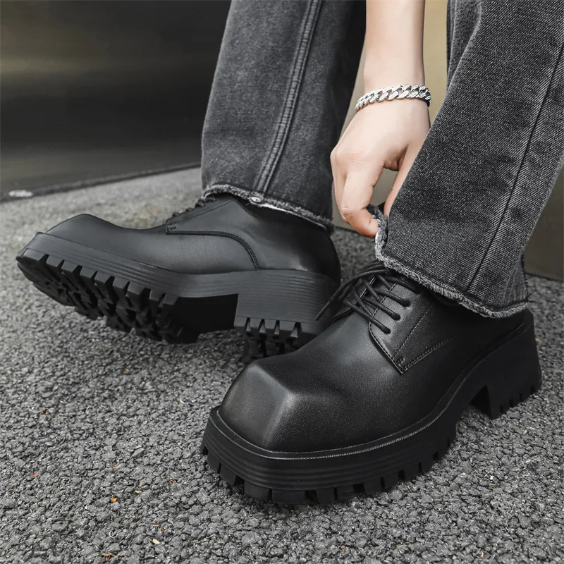 men fashion original leather shoes brand designer square toe shoe punk rock dress black trendy platform sneakers youth footwear