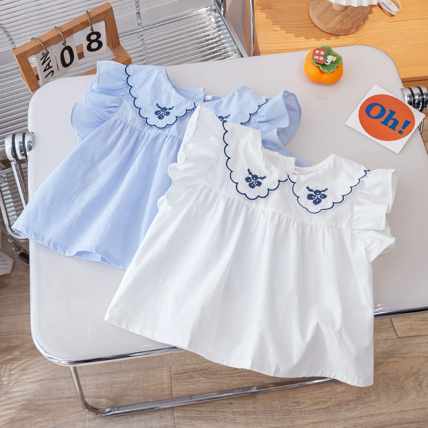 Girls Short-Sleeved Tops Summer New Middle and Small Children Loose Version of Doll Dress Shirt Shirt Baby Solid Colour Clothes