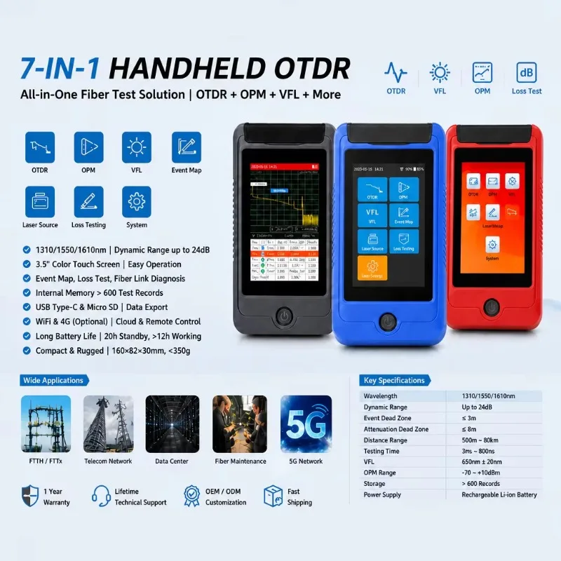 OT1000 8-in-1 Smart Touch Screen OTDR Tester 1310/1550/1610nm 24dB With OPM VFL Event Map For Optical Fiber Network Test