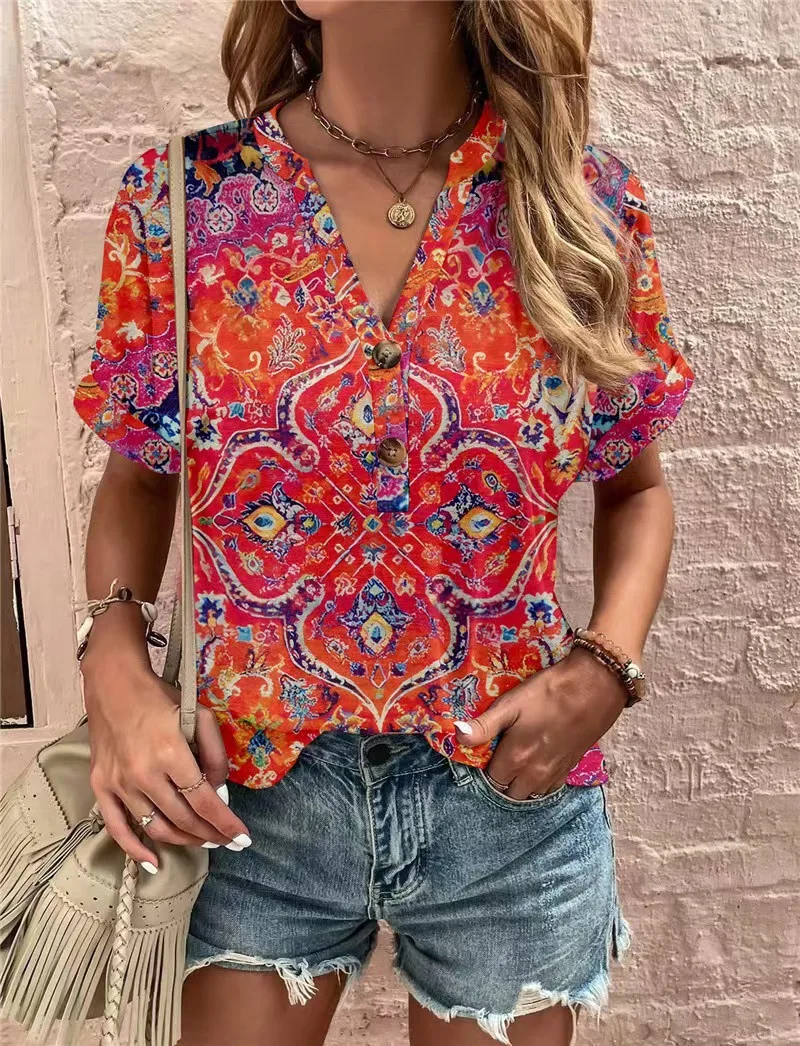 Verano algodón Lino transpirable Color sólido botón abajo camisa con cuello en V básico y versátil Casual cómodo señora Oficina Tops