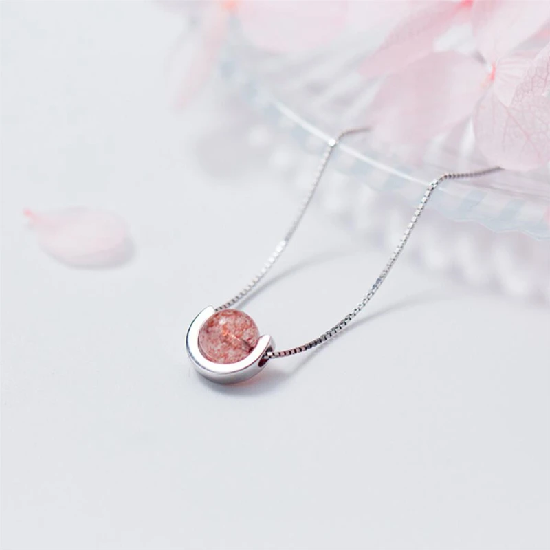 Heart Strawberry Crystal Pink Wafer Bead Transit 925 Sterling Silver Necklace For Women Birthday Gift NE098