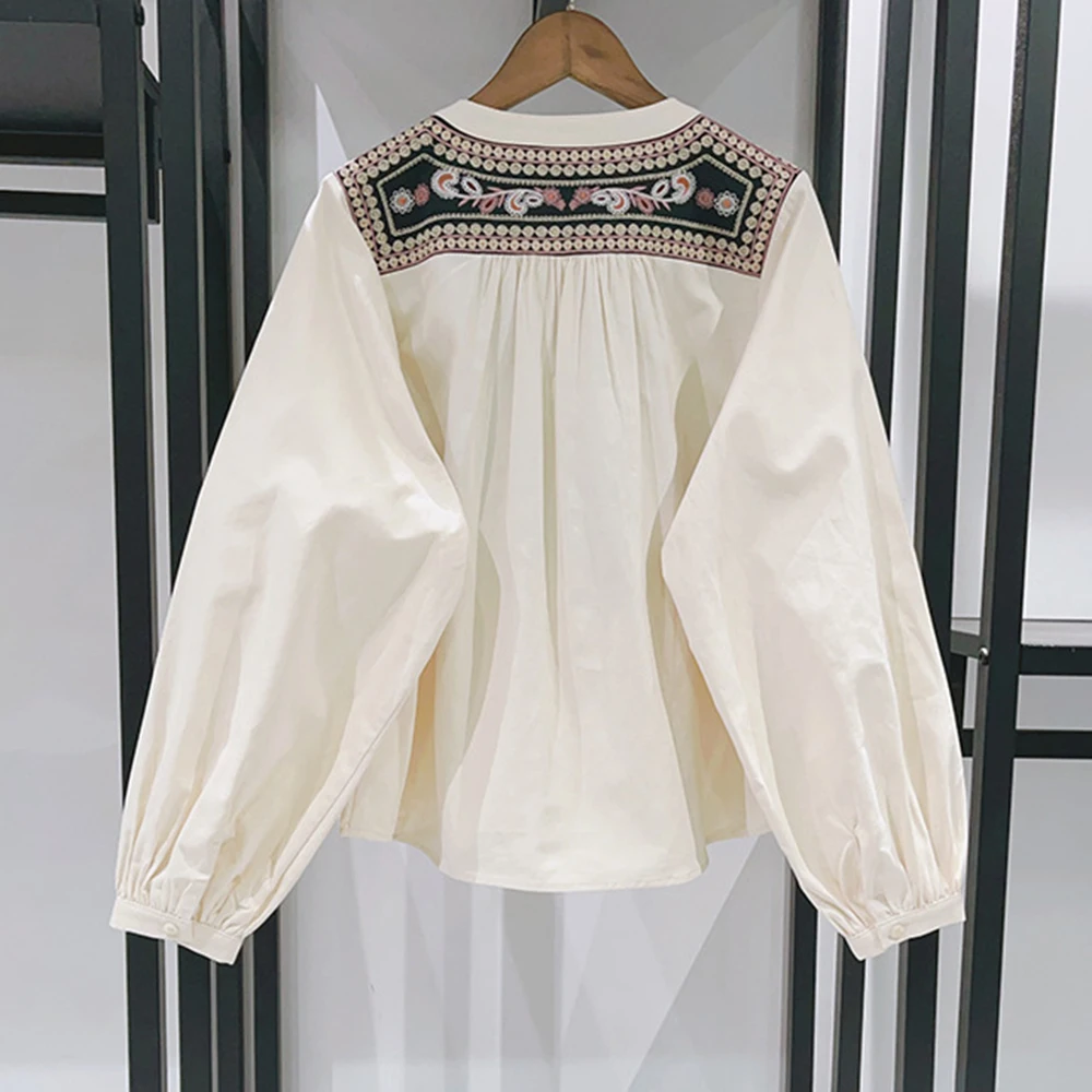 Floral bordado boho camisa feminina primavera outono tripulação pescoço retalhos designer camisas vintage topos senhora blusas elegantes 2026