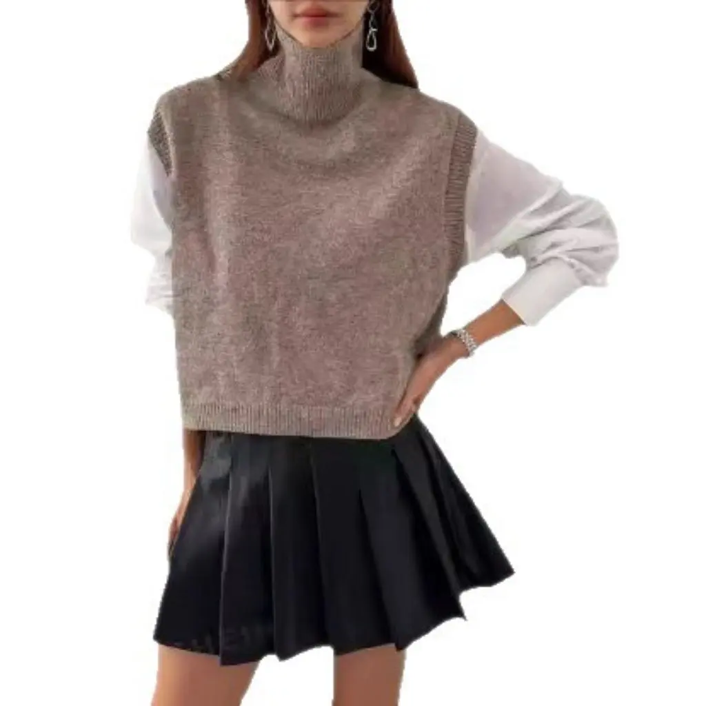 

Women's High-Neck Knitted Vest Korean Style Loose Casual Sleeveless Sweater Wool Blend Outerwear Layering Vest