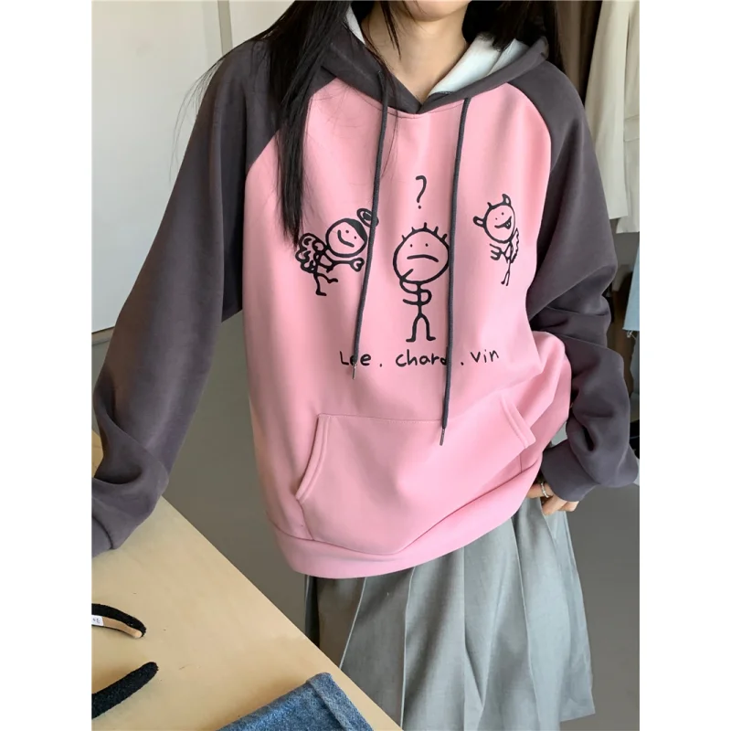 

White Sweatshirt Women Pink Thicken Hooded Fashion Y2K Style Letter Printing Wind Long Sleeves 2024 NEW Female Pullover Top