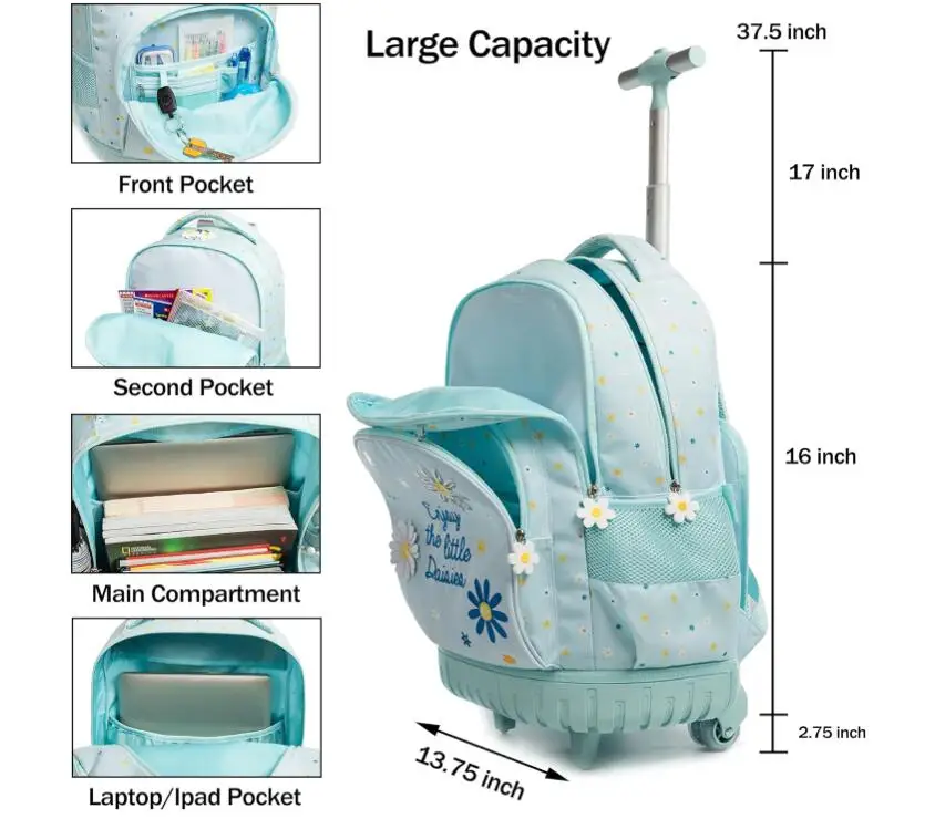 School Rolling Backpack For Girls 18 inch Wheeled Backpack with Lunch Bag School Trolley Bags for Girls Rolling Luggage Bags