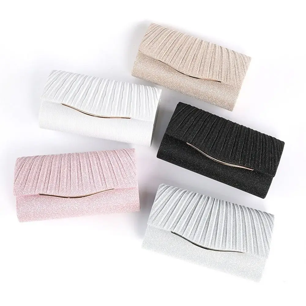 Pleated Flap Wedding Bag Glitter Fabric Detachable Chain Strap Clutch Handbag Foldover Closure Elegant Style Party Purse Women's