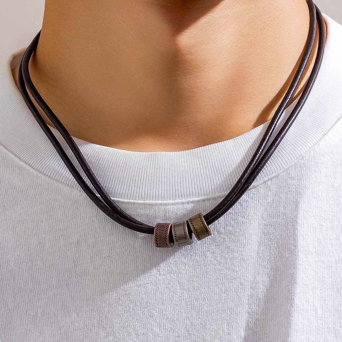 Vintage Pu Leather with Metal Beads Choker Necklace for Men Trendy Collar on the Neck Accessories 2023 Fashion Jewelry Male Gift
