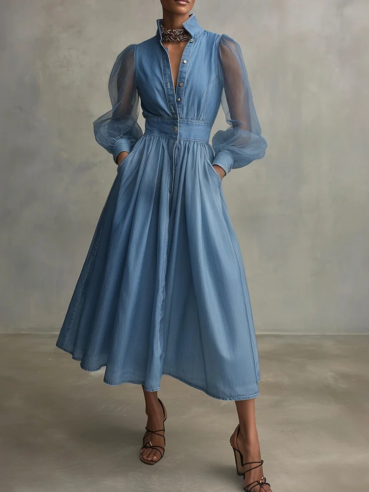 

Women's Elegant Faux Denim Midi Dress Sheer Puff Sleeves Stand Collar Button Down High Waist A-Line with Pockets Casual Spring